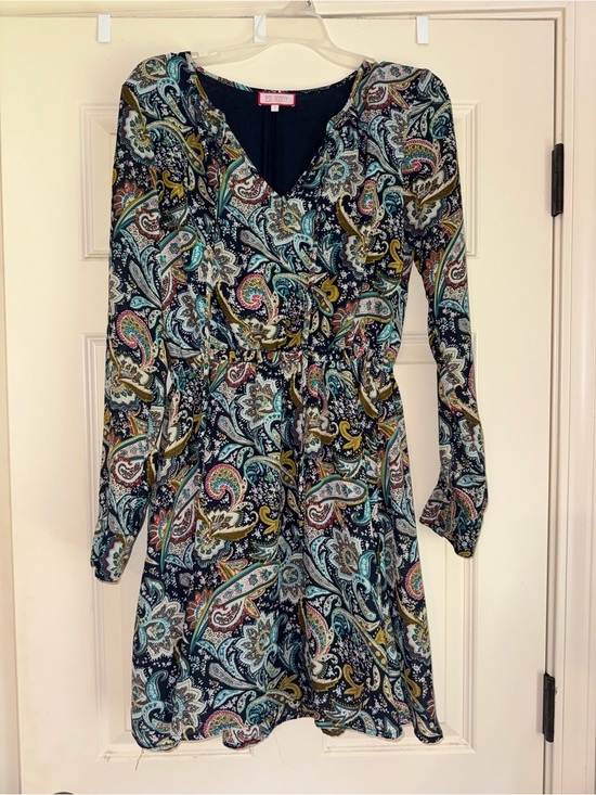 Best Society Dresses & Skirts - Boutique Paisley Long Sleeve Dress Small Navy Blue Boho V-Neck Mini